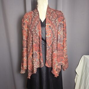 Ecote Boho Paisley Open Front Cardigan Womens Large Rust Draped Jacket